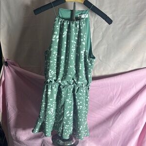 Chic She + Sky Green Romper with White Patterns